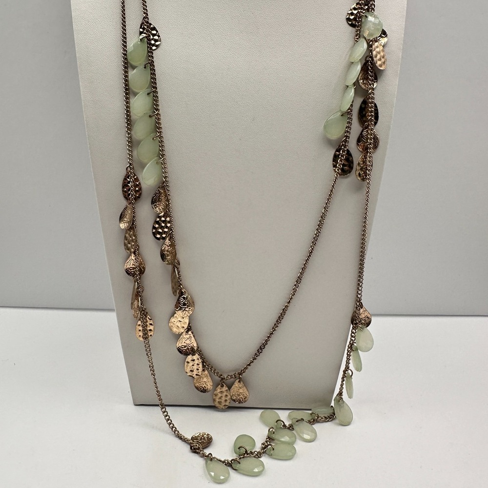 Vintage 90s Multi Strand Gold Tone Necklace with Green Faux Stone Y2K